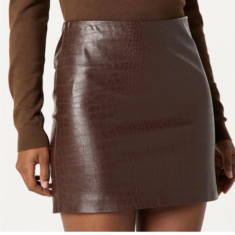 Brown Croc-Embossed Leather Skirt